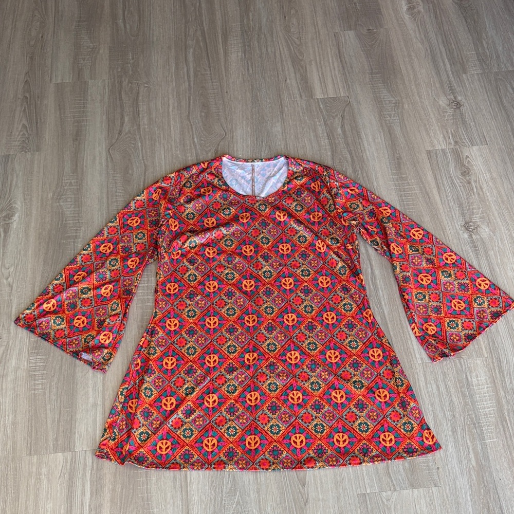 Vibrant Hippie Patterned Bell Sleeve Dress for Halloween